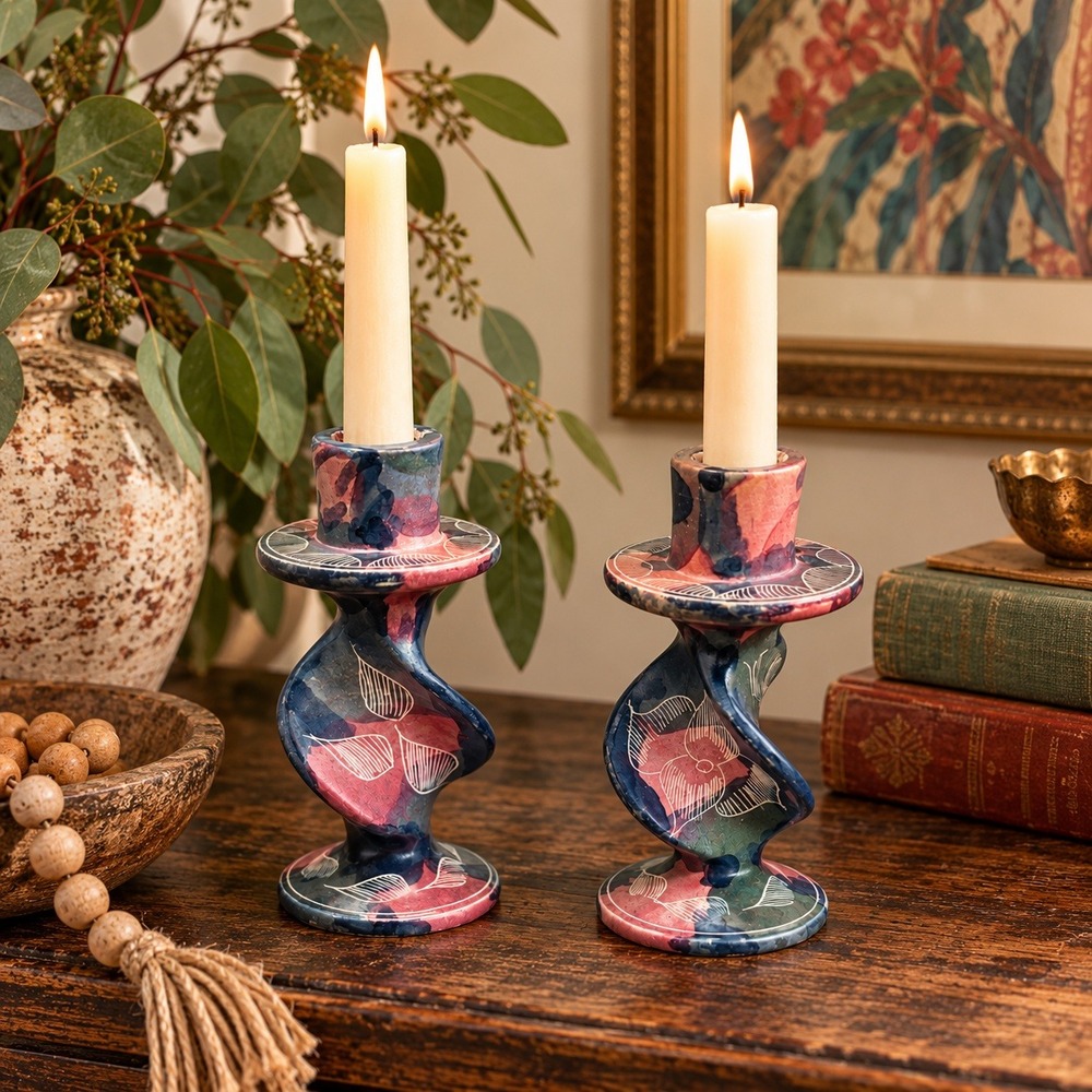 Vintage Soapstone Candlestick Holders Set Navy Mauve Hand Etched Floral 6.25"